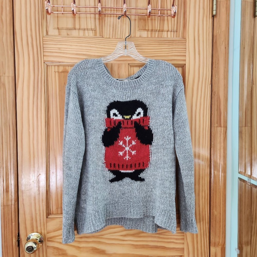 Grey Penguin Winter Knit Sweater